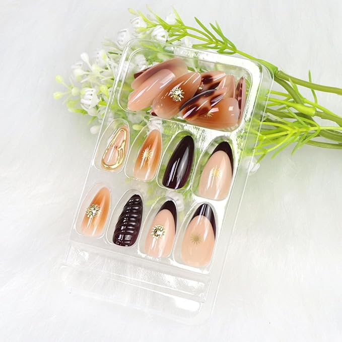 French Tips Press on Nails Medium Almond Fake Nails with Chrome 3D Star Gold Pearl Designs Brown Gradient Nude Glossy Acrylic Nail Fall Winter Stick on Nail for Women 24 Pcs