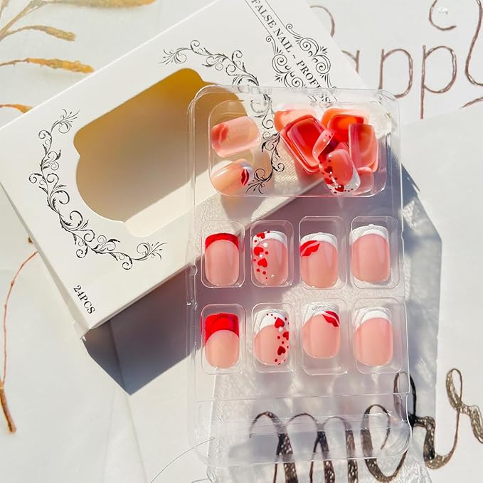 24Pcs Heart Press on Nails Valentines Day French Tip Fake Nails Short Square Petite Acrylic Nails with Heart Red Lips Design Valentines Glue on Nails Glossy Artificial False Nails for Women and Girls