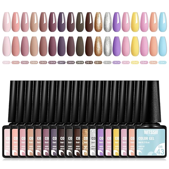 MTSSII 18PCS Gel Nail Polish Set - Nude, Pink, Blue, Yellow - Gel Nail Polish Kit - UV/LED Lamp Compatible - Soak Off - Non-Toxic, Natural Ingredients - Women, All Seasons