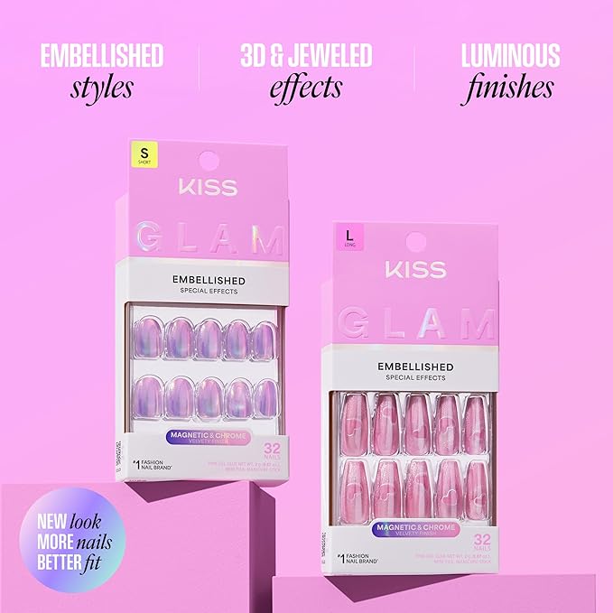 KISS GLAM, Press On Nails, Nail glue included, 'Celestique', Blue, Short Size, Round Shape, Includes 32 Nails, 2g Glue, 1 Manicure Stick, 1 Mini File
