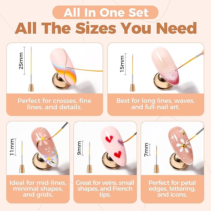 UNA GELLA Metallic Nail Art Brushes, Liner Pens Set 5Pcs For Nail Art Gel Polish - Thin Detail Nail Art Design Painting Brush Set For Nails Gel Fine Drawing Nail Tools Sizes 7/9/11/15/25mm