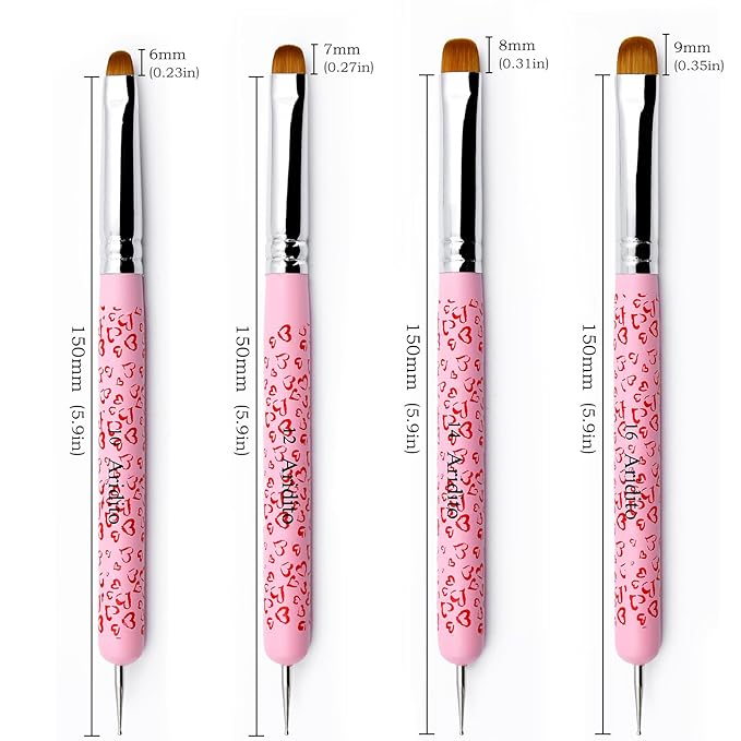 4Pcs Professional Acrylic French Manicure Clean-Up Brushes & Dotting Pens - Pink Heart Handles, Precision Tips (#10#12#14#16) for Nail Art, Cuticle Care (pink)