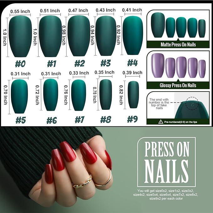 Coffin Shape Press On Nails Set, Teenitor 24 Packs 576PCS Matte Short Coffin Glue On Nails Medium Length, 12 Colors Coffin , 12 Colors Glossy Press On Coffin Nails, Reusable, Nail Adhesive Tabs, Nail Stickers Rhinestone