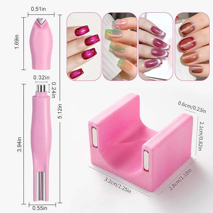 2 Pcs Nail Art Cat Eye Magnets For Nails, 3 In 1 Pink Nail Magnet Pen And 5D Automatic Strong Magnet Tool For Cat Eye Designs Magnets, Heart, Lines & Wide Light Gel Nail Polish Magnet