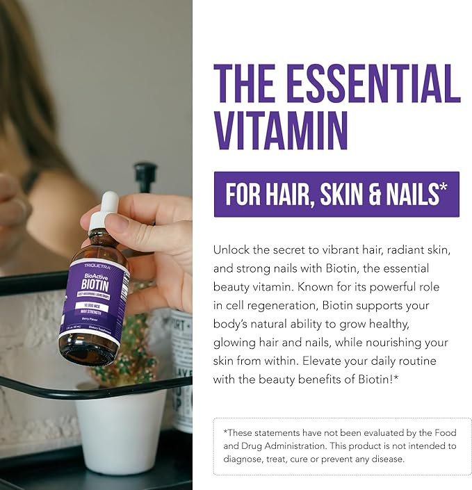 Triquetra Health Biotin Hair Support for Women – Organic 10000mcg USP Grade – Premium Liquid Supplement for High Absorption – Supports Healthy Hair, Skin & Nails – Berry Flavor – 180 Servings – 2 oz