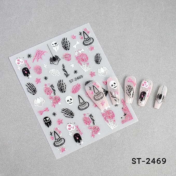 6 Sheets Halloween Nail Stickers Decals Pink Glitter Pumpkin Blood Drop Nail Sticker Black Spider Web Bat Nails Decals Self-Adhesive White Ghost Skull Nails Art Sticker Decal for Women Halloween Decor