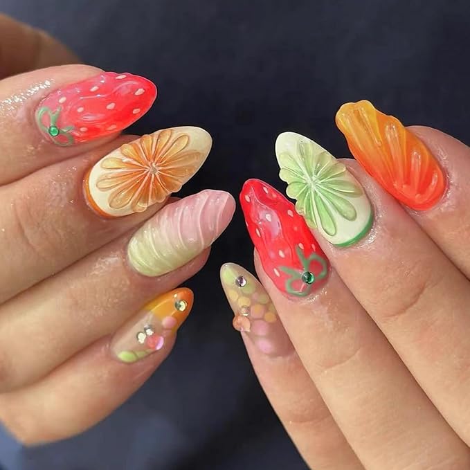 Medium Almond Press on Nails MABKJLF French Tip Fake Nails 3D False Nails with Strawberry Flower Rhinestones Designs Cute Glossy Glue on Nails Summer Stick on Nails for Women Girls 24Pcs