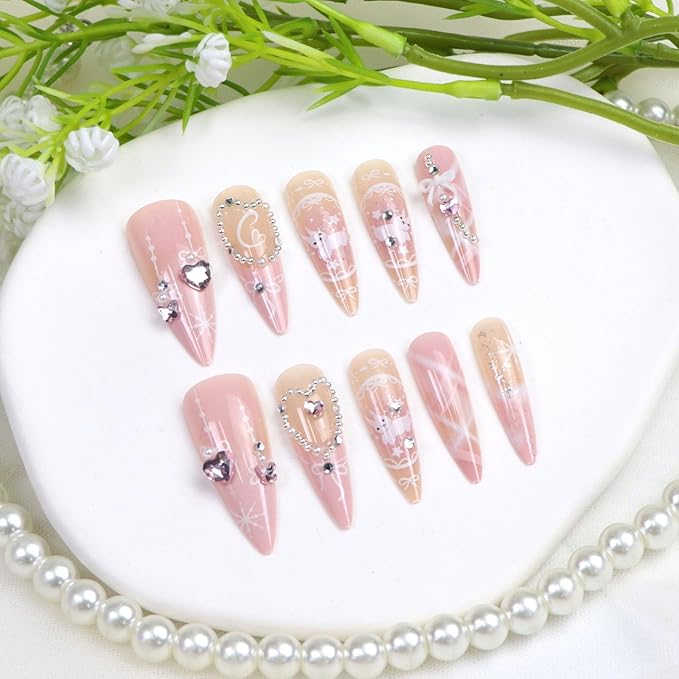 Pink Press on Nails Long Almond Cute Rabbit Bow Heart Rhinestones Fake Nails Press ons Pink French Tip Pearls Glitter Handmade Glue on Nail Acrylic Glossy Stick on Nail for Women Girls 24 Pcs