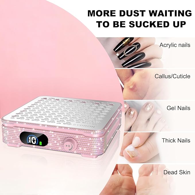 Nail Dust Collector | 1000PA Nail Dust Collector Rechargeable | 10 Speed Levels | Low Noise & Strong Suction | Reusable Filter, 10 Pads + Nail Dust Brush| for Acrylic Nails, Salon & Home -Pink Diamond