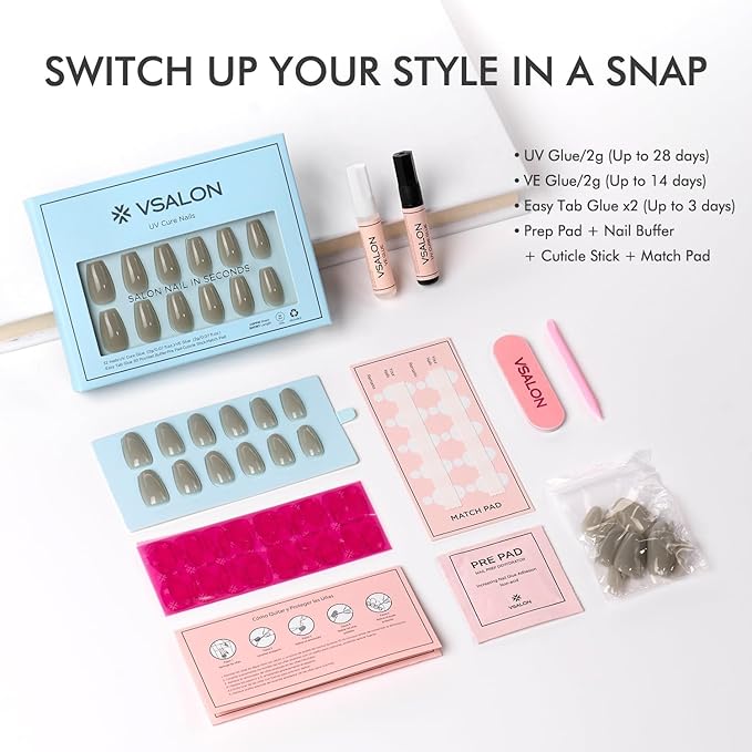 VSALON Coffin Short Press On Nails, Smokey Grey Light Curable Sheer Jelly Finish False Nails, Reusable Gel Glue on Nails Kit with Glue - 32 pcs in 16 Sizes