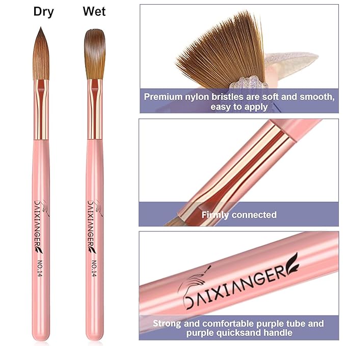 3PCS Rose Gold Acrylic Nail Brush Set,Size 8/10/14 Professional Nail Brushes for Acrylic Application Extension and 3D Carving for Nail Home Salon DIY