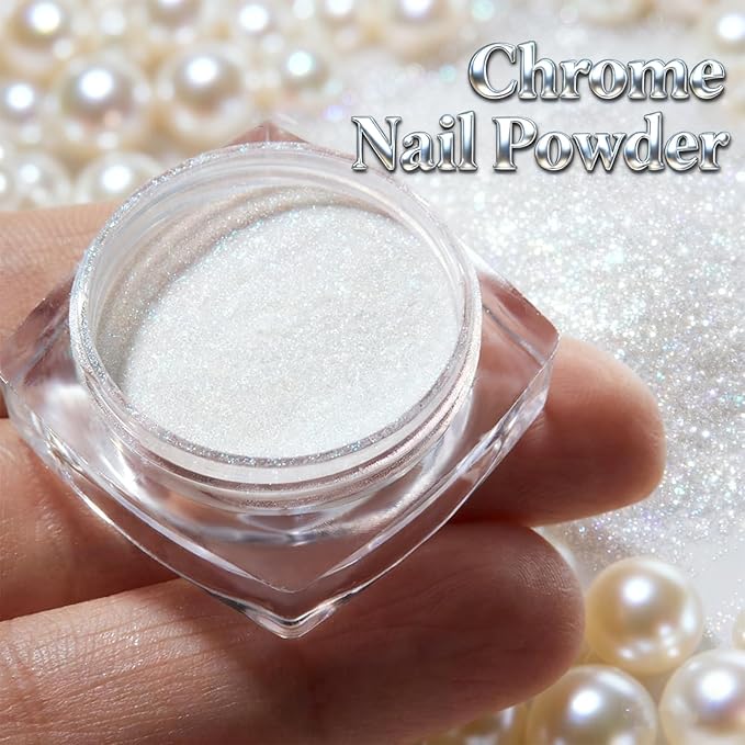 2 Jars White Pearl Chrome Nail Powder, Iridescent Aurora Chrome Powder Metallic Mirror Effect, Pearlescent Mermaid Dip Powder Nail Art Decoration,Chrome Powder for Nails, Resin Craft, 6g