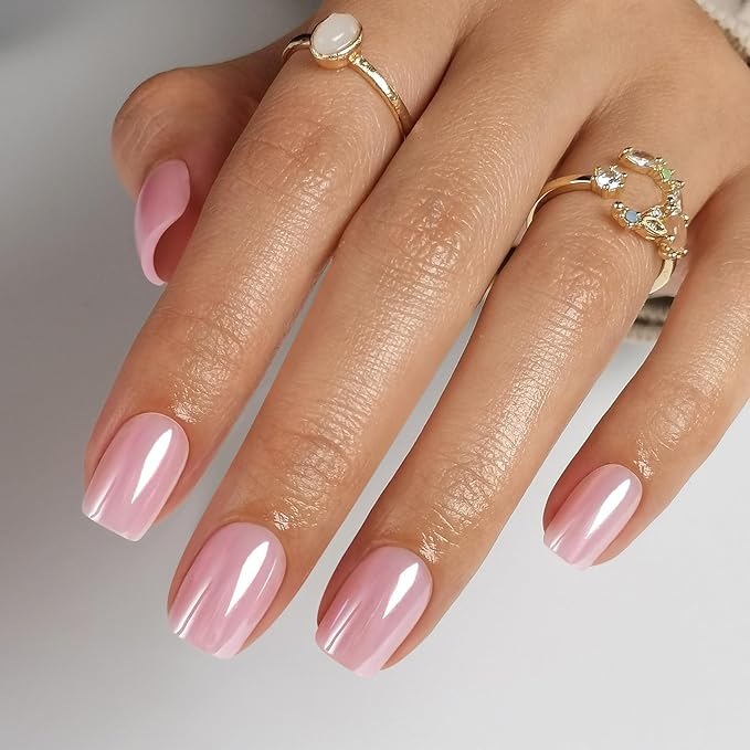 Pink Chrome Press on Nails Square - SHANGMENG Soft Gel Valentines Press on Nails Short for Women Gift, Glossy Stick on Nails with Glue in 16 Sizes - 32 Reusable Fake Nails, Aurora Light Pink