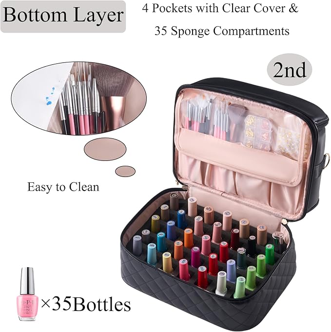 CTWWFS Nail Polish Organizer Holds 35 Bottles & Nail Lamp, Nail Organizers and Storage, Double Layer Nail Bag with Handle & Shoulder Strap for Travel, Nail Supplies Organizer for Manicure Kit (Black)