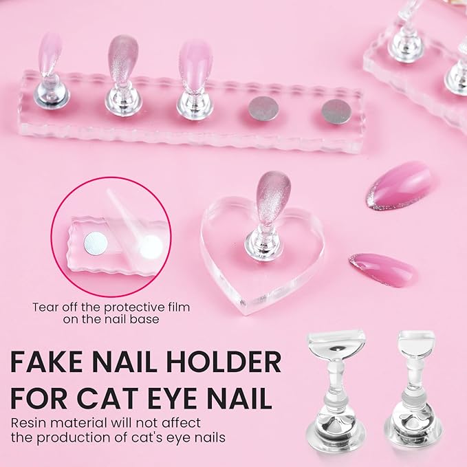 Nail Stand For Press On Acrylic Strong Magnetic Nail Holder Kit For Painting Nails Tip Arts Display With 200PCS Double-Sided Tape And 1 Heart Shaped Acrylic Magnetic Presson Stands Nail Art Supplies