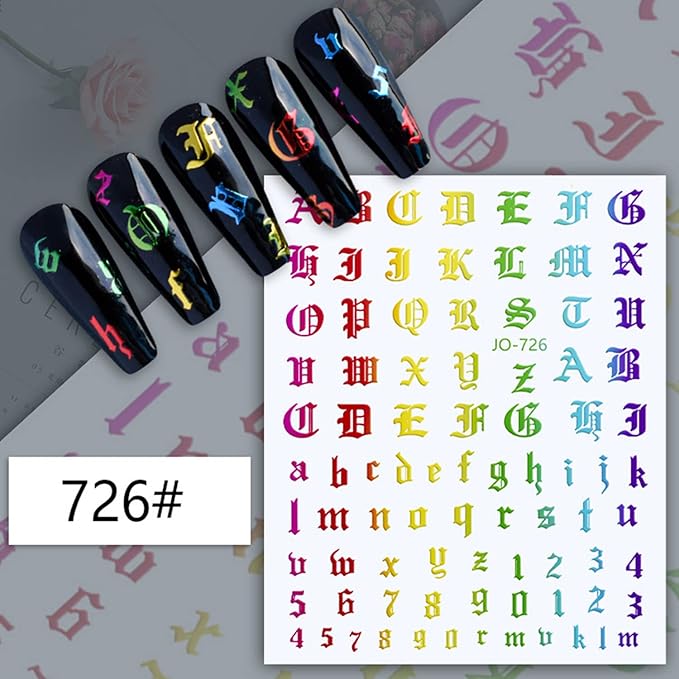 12 Colors Old English Nail Art Stickers, 3D Letters Self-Adhesive Sticker Design, Laser Gold Silver Red Black White Pink Yellow Green Alphabet Nail Transfer Decals for Women Manicure Decorations
