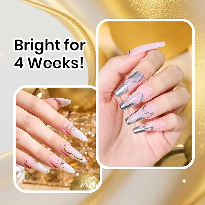 Beetles Gel Liner Nail Polish Set Metallic Silver Gold 2pcs Gel Nail Polish Art Chrome 3D High-Gloss Effect for Nail Paint Design with Thin Brush DIY French Manicure Gifts for Women