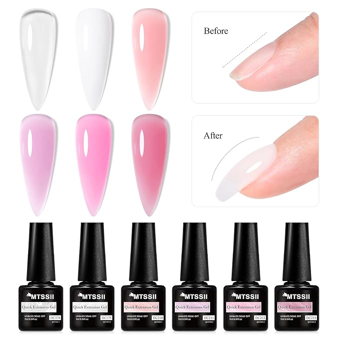 MTSSII Builder Gel for Nails, 6 Colors Clear White Pink Building Strengthener Gel Set for Nail Extension Nail Art Design Beauty Gift for Women