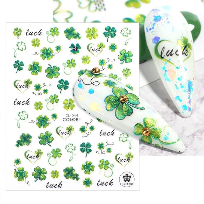 6 Sheets St Patrick’s Day Nail Art Stickers 3D Self- Adhesive Laser Shamrock Nail Stickers Green Clover Hat Letter Design St Patricks Day Nail Art Supplies Irish Nail Decals for Women Acrylic Manicure