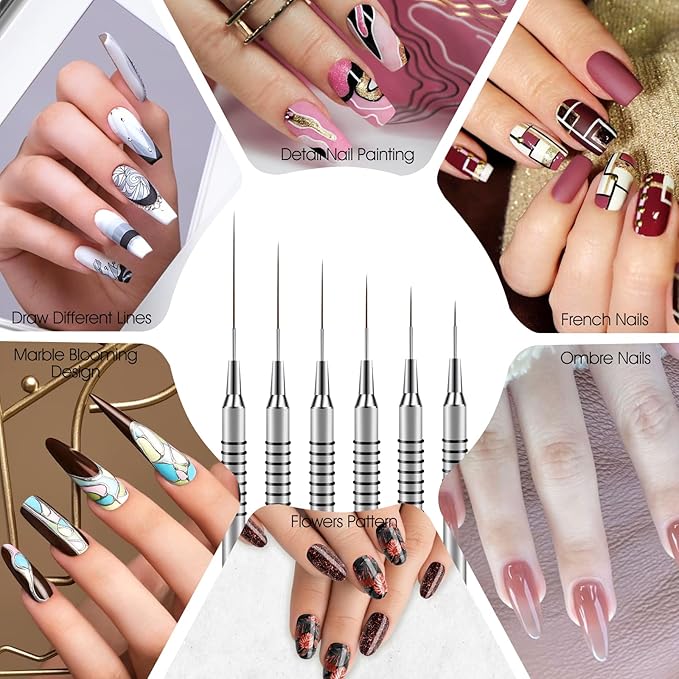 Metallic Nail Art Brushes 6 Pcs Non Slip Liner Brushes Set UV Gel Polish Painting Art Design Pen Silver Color Nail Tools for Long Lines Thin Details Fine Drawing Sizes 5/7/9/11/20/25mm (Silver)