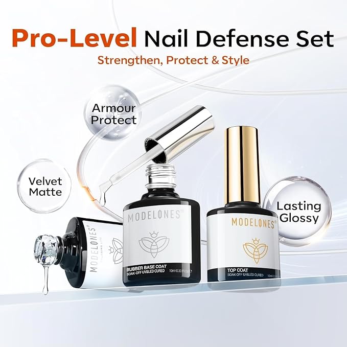 modelones Gel Nail Polish Top Base Coat Set, 3Pcs Rubber Base and Glossy Clear & Matte Gel Top Coat Chrome Proof No Wipe High Shine Nail Polish Soak Off U V LED Nail Art Home DIY Manicure Gift for Wom