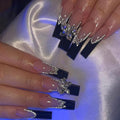 Press On Nails, Medium-Length Shiny Black False Nails Inlaid with Silver Butterflies and Rhinestones, Showing the Noble Temperament of Women and Girls False Nails - 24 Pieces (With Free Kit)