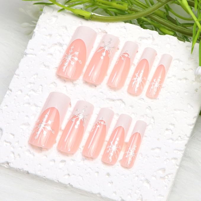 White French Tip Press on Nails Long Square Fake Nails Press ons with Snowflake Designs Winter Glue on Nails Acrylic Full Cover Glossy Acrylic Stick on Nails for Women 24 Pcs