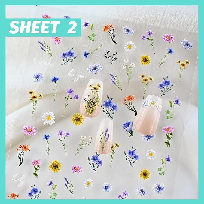 Flower Nail Art Stickers 3D Embossed Nail Decals for Nail Art Design Self-Adhesive Spring Summer Nail Accessories for Women Nail Art Supplies 3 Sheets