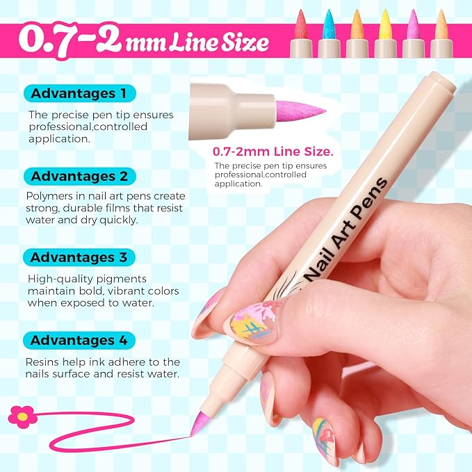 6 Color 3D Nail Art Pens Set, 0.7MM Nail Polish Pens Quick-Drying Acrylic Paint Markers, DIY Nail Design for Dotting Drawing Painting Liner, Home & Salon Manicure Tools Christmas Beginners Gifts