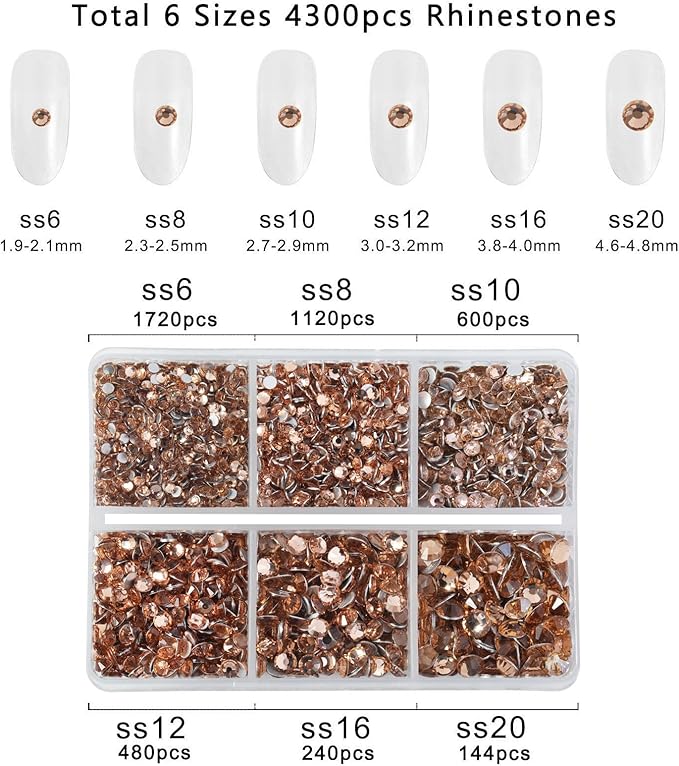 Beadsland 4300pcs Flatback Rhinestones, Champagne Rhinestone Nail Gems Round Crystal Rhinestones for Crafts,Mixed 6 Sizes with Picking Tweezers and Wax Pencil Kit, SS6-SS20, Light Peach