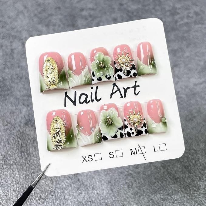 Handmade Press on Nails Short Duck Shaped Fake Nails Green White Gradient Stick on Nail Luxury 3D Flowers False Nails Designs French Tip Thick and Muti-Layer Gel Acrylic Nail for Women（M)