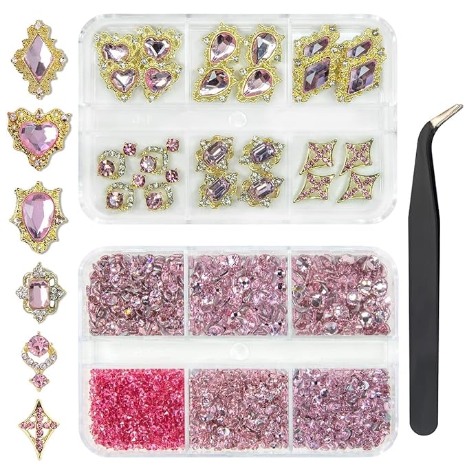 24pcs Pink Luxury Nail Charms +2000pcs Rhinestones 3D Big Nail Gems K9 Glass Nail Crystals Diamonds Jewelry Stones Alloy Nail Art Studs Decor Supplies Heart Charms for Arylic Nails DIY Crafts
