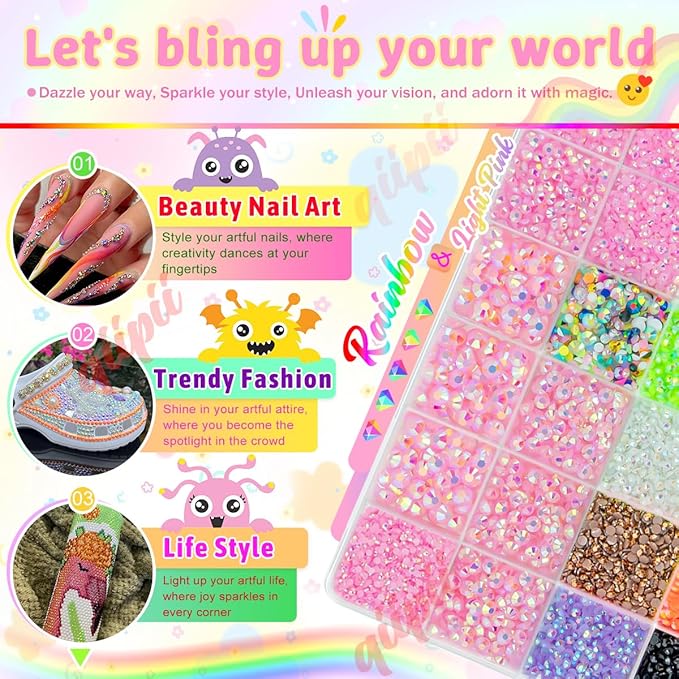 Light Pink AB Resin Rhinestones w B7000 Glue for Crafting Bedazzling 2mm-6mm Flatback Colorful Jelly Stones Diamonds Gems Bedazzler Kit for Nails Face Eyes Makeup Tumblers Bottles Crafts Shoes
