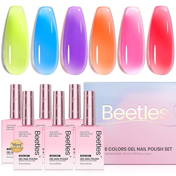 Beetles Jelly Gel Nail Polish Set, 6 Colors Hema Free Summer Neon Gel Polish Yellow Pink Red Blue Purple Orange 15ML Full Size Sheer Translucent Effect Soak Off UV Colorful Bottle Gel Gift for Women