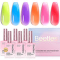 Beetles Jelly Gel Nail Polish Set, 6 Colors Hema Free Summer Neon Gel Polish Yellow Pink Red Blue Purple Orange 15ML Full Size Sheer Translucent Effect Soak Off UV Colorful Bottle Gel Gift for Women