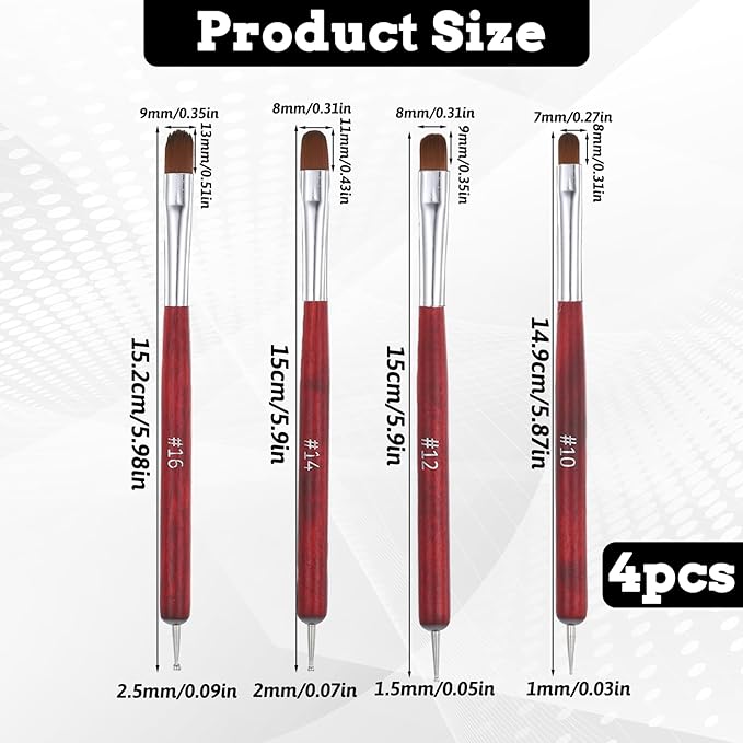 4 PCS Gel French Tip Nail Brush, 2-Way French Manicure Brush for Nails, Wooden Handle French Tip Tool, Nail Brushes for Nail Art Design Professional Manicure(10# 12# 14# 16#, Red)