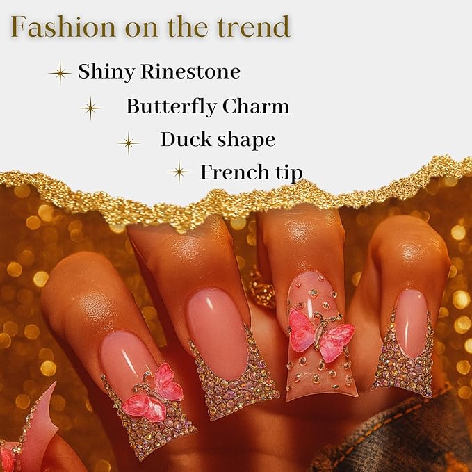 Duck Nails Press on Pink Short Junk Square Acrylic with Butterfly Charms Designs Handmade False Baddie Nails Cute Rhinestones for Women 24Pcs (Designs, duck pink)