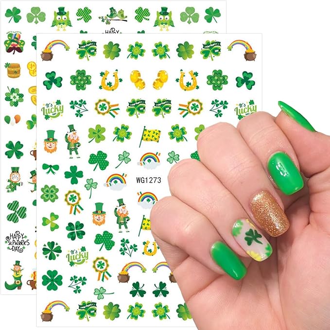 8 Sheets St Patricks Day Nail Art Stickers Set Green Shamrock Stickers for Nails 3D Self-Adhesive Design Decals Irish Personalized Lucky Clover Nail Sticker for Women DIY Manicure Decoration