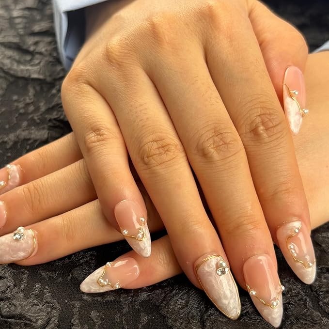 Handmade Press On Nails Short Almond,Nude Pink Acrylic Nails,Luxury Nail Press On with Charm Pearl Design for Wedding&Party Wear-True Love Design Concept