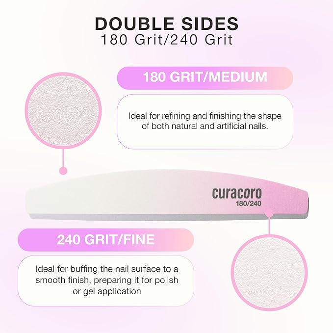 Curacoro 10 PCS Nail File - Professional Half-Moon Nail Files Double Sided Emery Board (180/240 Grit), Washable Nail Files and Buffers, Smooths & Shapes Nails, Manicure & Pedicure Buffing Tools
