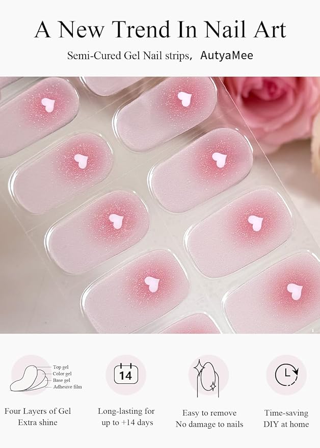 Semi Cured Gel Nail Strips (Pink Blurred Heart), Valentine's Day, 20 Pcs Gel Nail Wraps, Stickers, Salon Quality, Works with Any UV Lamps
