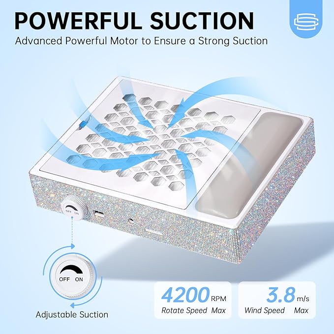 Nail Dust Collector, Cordless Dust Collector Nail Tech, Professional 550PA Vacuum Fan Vent Dust Extractor Quiet Dust Suction Machine for Acrylic Nails Polishing, Nail Salon&Home