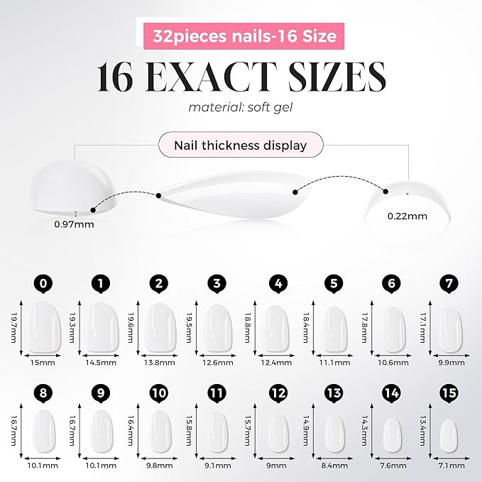 UNA GELLA 32Pcs Soft Gel Press on Nails Oval - 16 Sizes Milky White Round Glue on Nails, Reusable Solid Color False Nails, Full Cover Acrylic Nail Kit for Women DIY Home Manicure