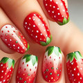 French Tip Press on Nails Short Square Fake Nails with Designs Strawberry Glue on Nails Rhinestone Acrylic Nails Summer Fruit False Nails Glossy Full Cover Stick on Nails for Women