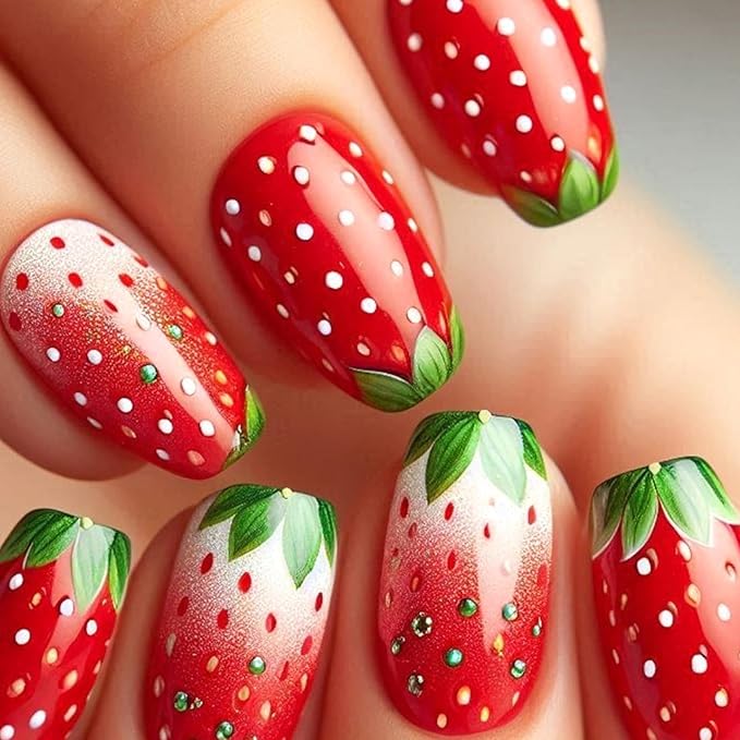 French Tip Press on Nails Short Square Fake Nails with Designs Strawberry Glue on Nails Rhinestone Acrylic Nails Summer Fruit False Nails Glossy Full Cover Stick on Nails for Women