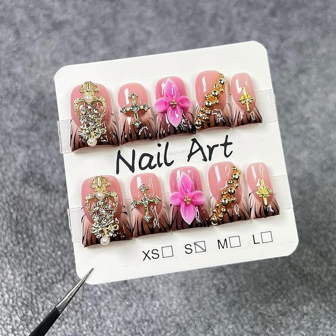 Flower Handmade Press on Nails Short Duck Fake Nails 3D Pink Luxury Floral & Golden Rhinestone Designs Thick Brown Gradient French Tip False Nail Art Full Cover Acrylic Stick on Nails for Women（M)