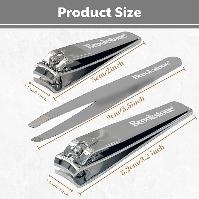 Brookstone Nail Clippers Set - Premium Stainless Steel Nail Clipper and Nail Cutter with Rubberized Non-Slip Grip, Includes Case and Tweezer, Two Nail Clippers for Precision Grooming (Grey)