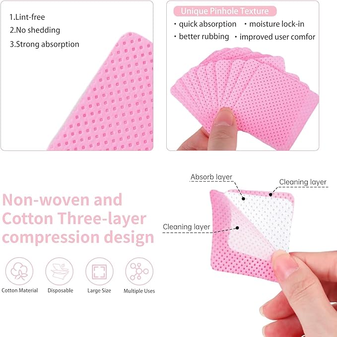600 PCS Lint Free Nail Wipes,Non-Woven Fabric Nail Cleaning Pads Lash Extensions Glue Cleaning Wipes,accompanied by 1 Empty Pump-Style Bottle Dispenser Nail Care Set (Pink)