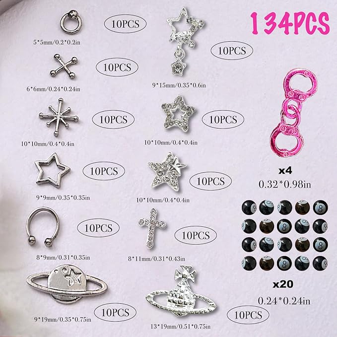 134PCS Nail Charms,Silver Star Planet Cross Nail Jewels Punk Pink Handcuffs Billiards Nail Art Accessories for Acrylic Nails, Nail Art Supplies Craft DIY, Mix