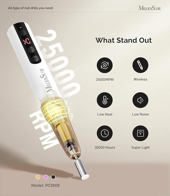 MelodySusie Pen-Shaped Portable Cordless Nail Drill, PC180E 25000RPM Rechargeable Electric File with LED Display for All Nail Care, Manicure Shaping & Acrylic Gel Removal for Nail Artists DIY at Home